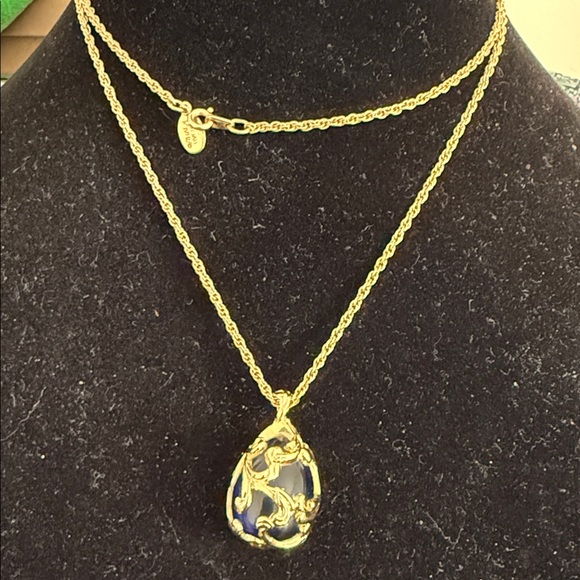 Joan Rivers Necklace Egg Faberge Blue Crystal Gold Pendant Signed Vintage - Picture 7 of 7